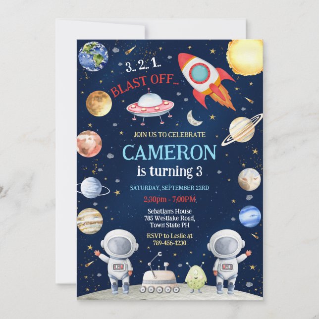Outer Space Astronaut Rocket Blast Off Birthday Invitation (Front)