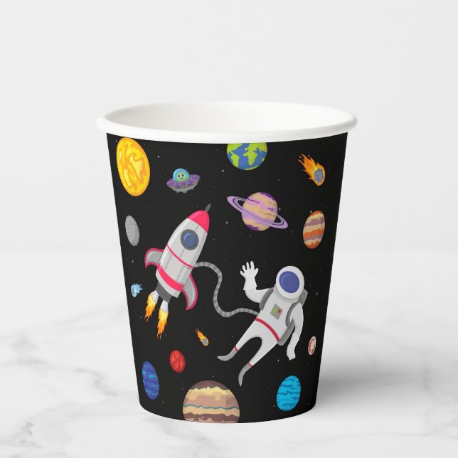 Outer space astronaut spacewalk planets birthday paper cups (Front)