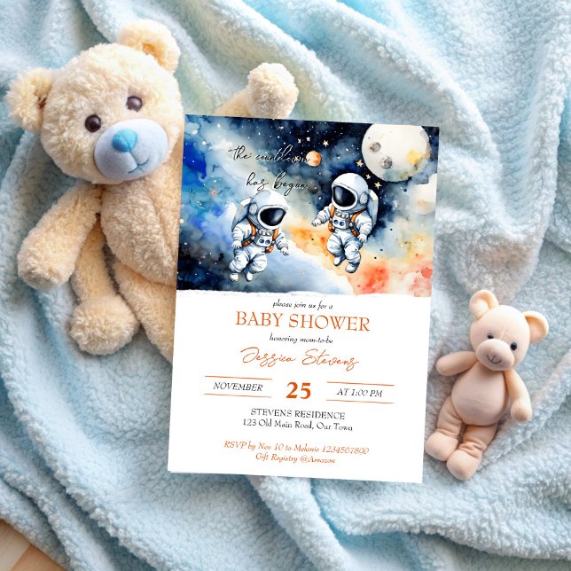 Outer space astronaut twins baby shower template (Outer space astronaut twins baby shower invitation editable template cute baby astronauts in space)