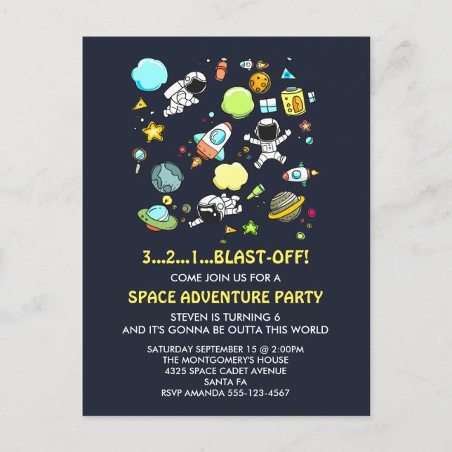Outer Space Astronauts & Rockets Birthday Party Postcard (Front)