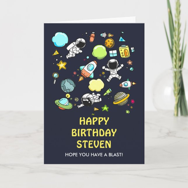 Outer Space Astronauts & Rockets Pattern Birthday Card (Front)