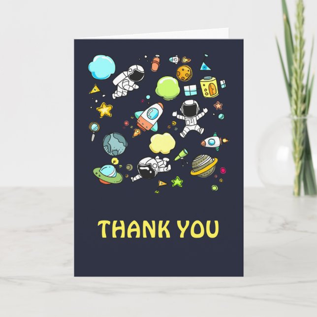 Outer Space Astronauts & Rockets Pattern Thank You Card (Front)