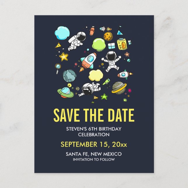 Outer Space Astronauts & Rockets Save the Date Postcard (Front)