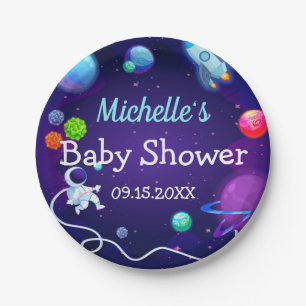 Outer Space Baby Shower Blue Astronaut Planet Paper Plate