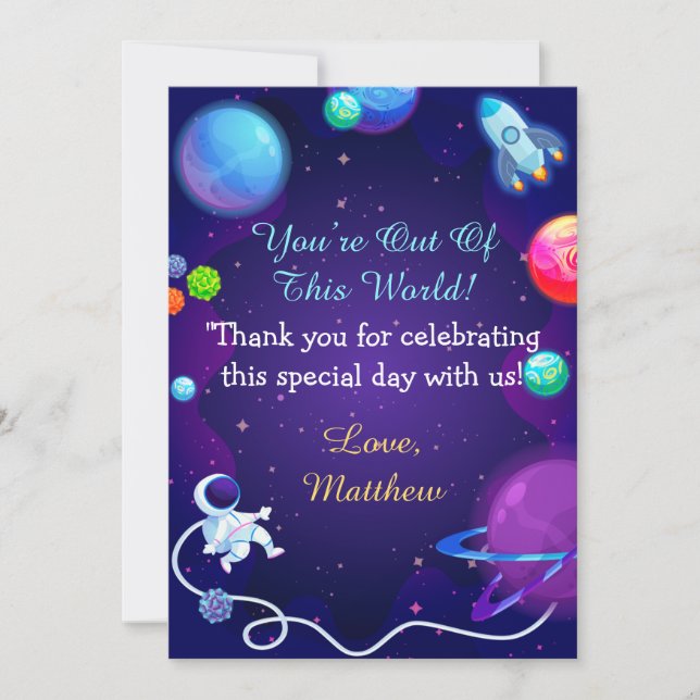 Outer Space Baby Shower Blue Astronaut Planet Thank You Card (Front)