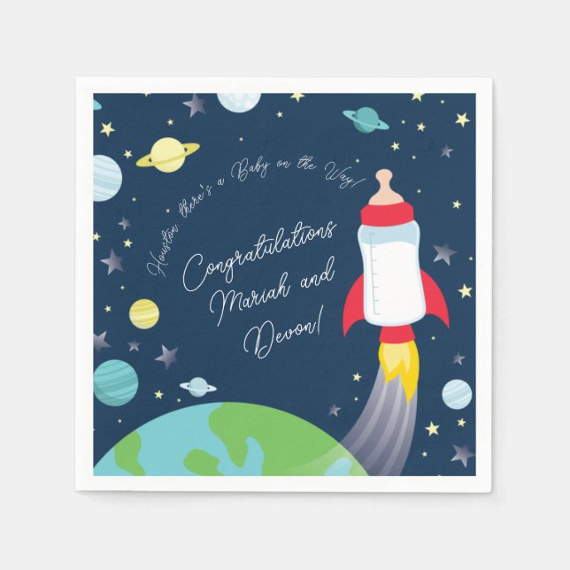 Outer Space Baby Shower Bottle Rocket Spaceship Napkin (Front)