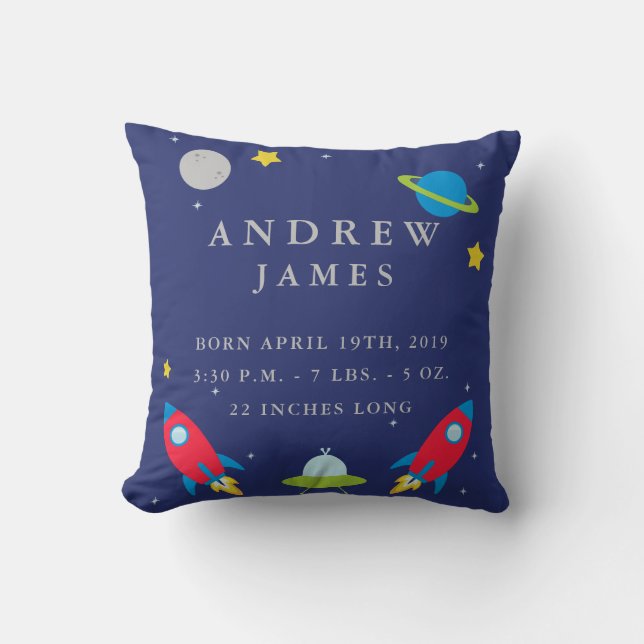 Outer Space Baby Stats Nursery Pillow (Front)