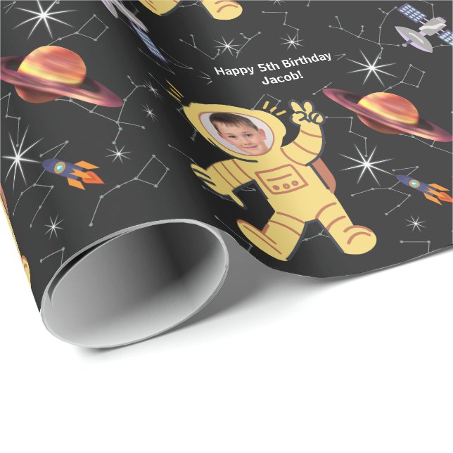 Outer Space Birthday Astronaut Name Age Photo Wrapping Paper (Roll Corner)