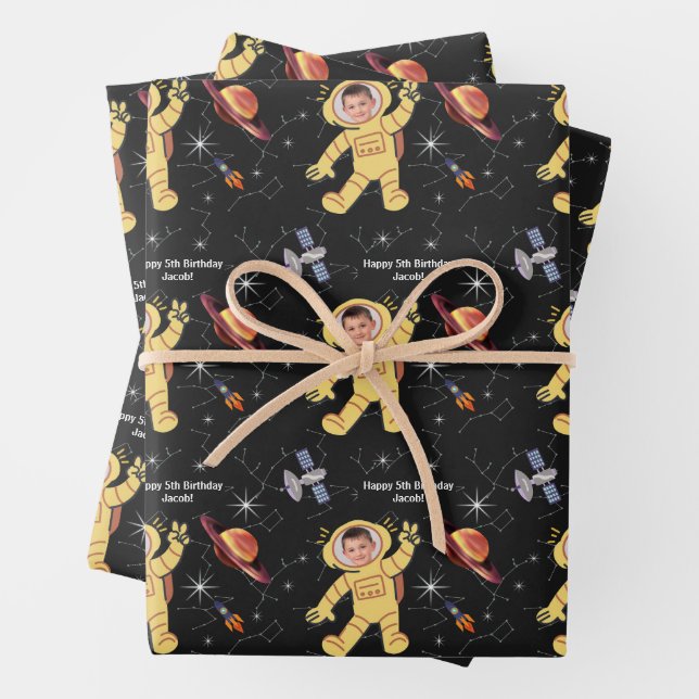 Outer Space Birthday Astronaut Name Age Photo Wrapping Paper Sheet (In situ)