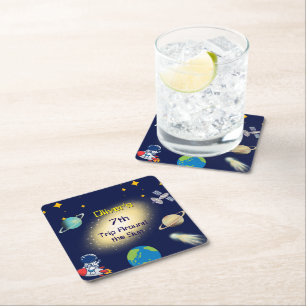 Outer Space Birthday – Astronaut, Rocket & Galaxy Square Paper Coaster