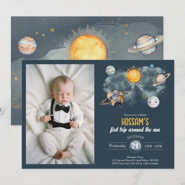 Outer Space Birthday Galaxy Sun Moon Stars Planets Invitation (Front/Back)