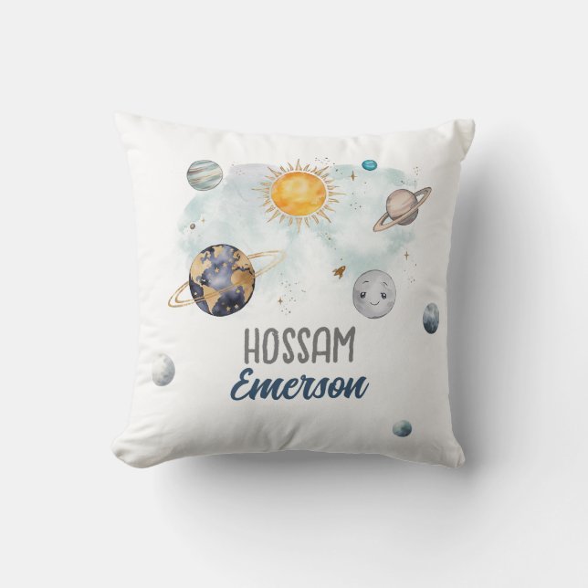 Outer Space Birthday Galaxy Sun Moon Stars Planets Throw Pillow (Front)