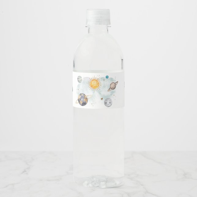 Outer Space Birthday Galaxy Sun Moon Stars Planets Water Bottle Label (Front)