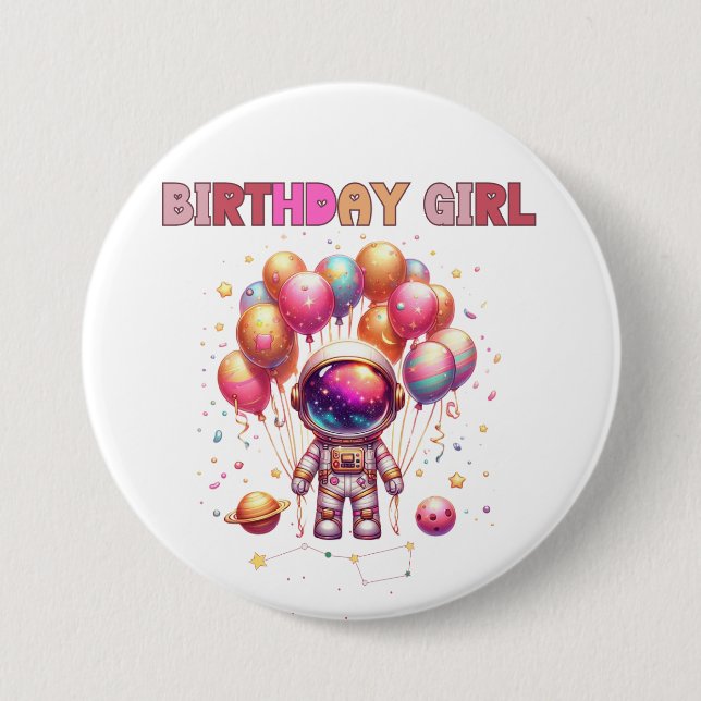 Outer Space Birthday Girl Flight Crew 3 Inch Round Button (Front)