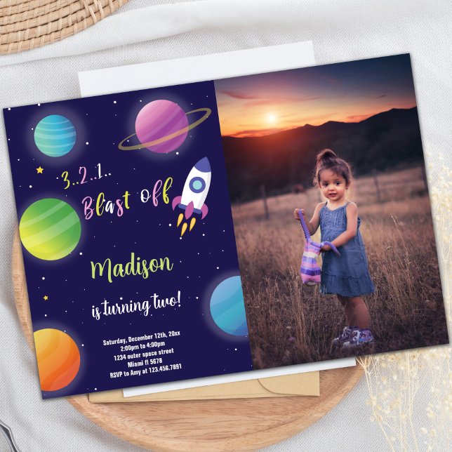 Outer Space Birthday Invitation with Photo (Purple Rocket Outer Space Birthday Invitations pho)