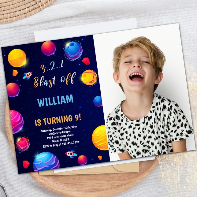 Outer Space Birthday Invitation with Photo (Orange Planet Outer Space Birthday Invitations pho)