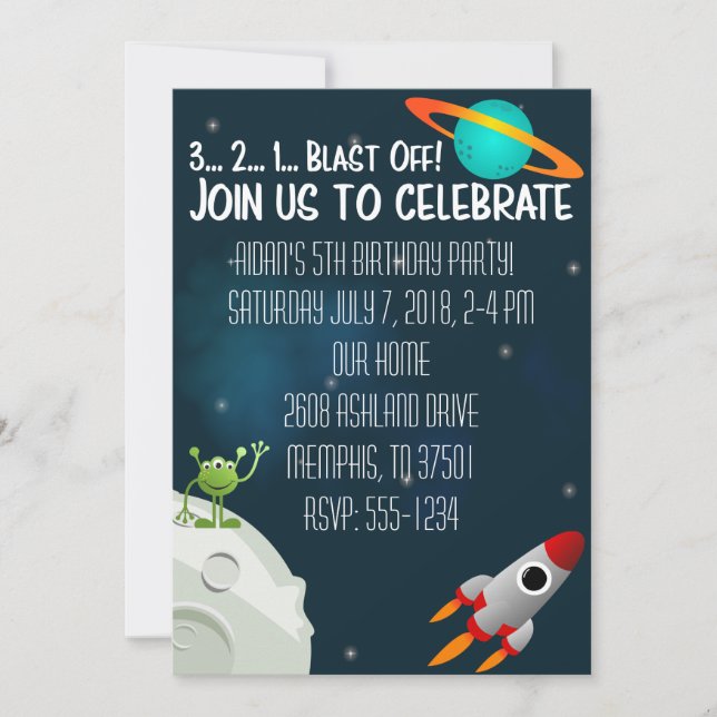 Outer Space Birthday Invite Spaceship Alien Planet (Front)