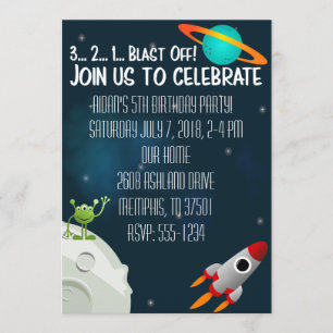 Outer Space Birthday Invite Spaceship Alien Planet