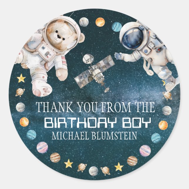 Outer Space Birthday Party Thank You Classic Round Sticker (Front)