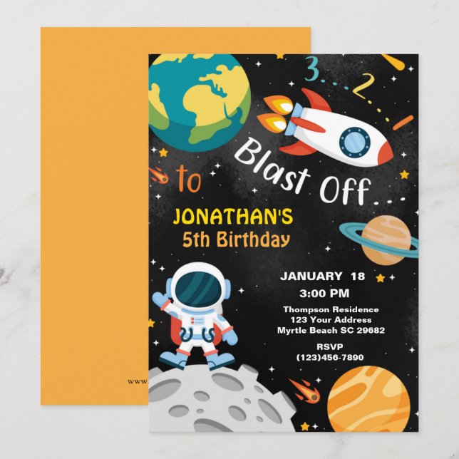 Outer Space Blast Off 5th Birthday Party   Invitation (Front/Back)