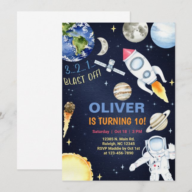 Outer space blast off boy birthday invitation. inv invitation (Front/Back)