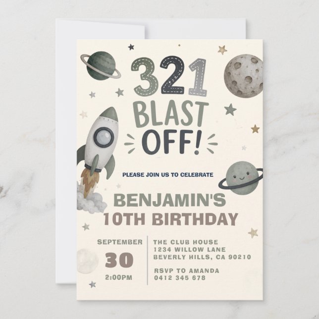 Outer Space Blast Off Kids Birthday Party  Invitation (Front)