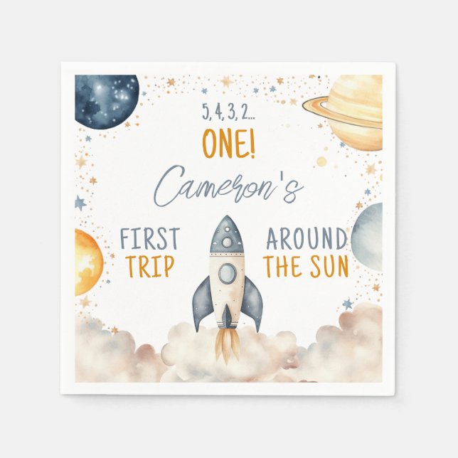 Outer Space Boy First Birthday Napkin (Front)