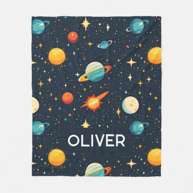 Outer Space Boys Cute Planets Galaxy Fleece Blanket (Front)