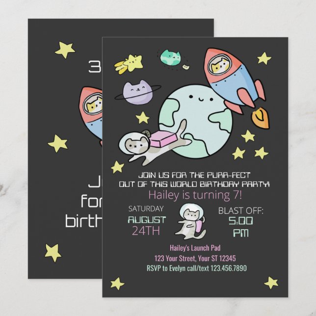 Outer Space Cats Birthday Invitation Purr-fect (Front/Back)