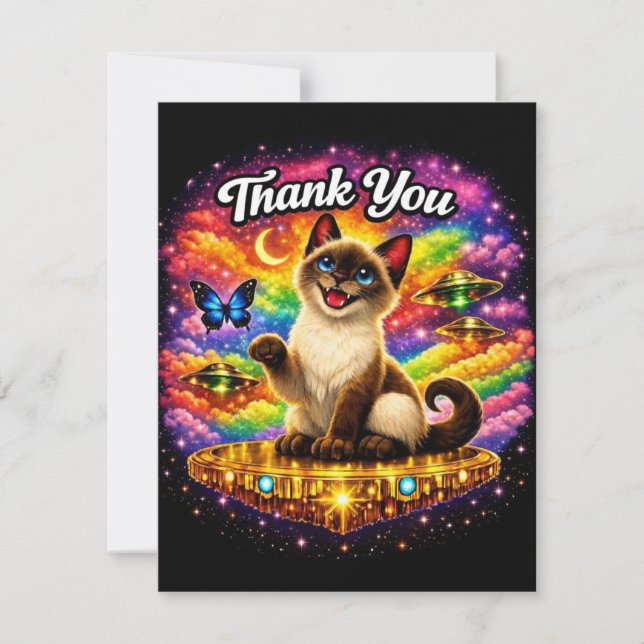 Outer Space Cosmic Rainbow Siamese Cat Thank You Card (Front)