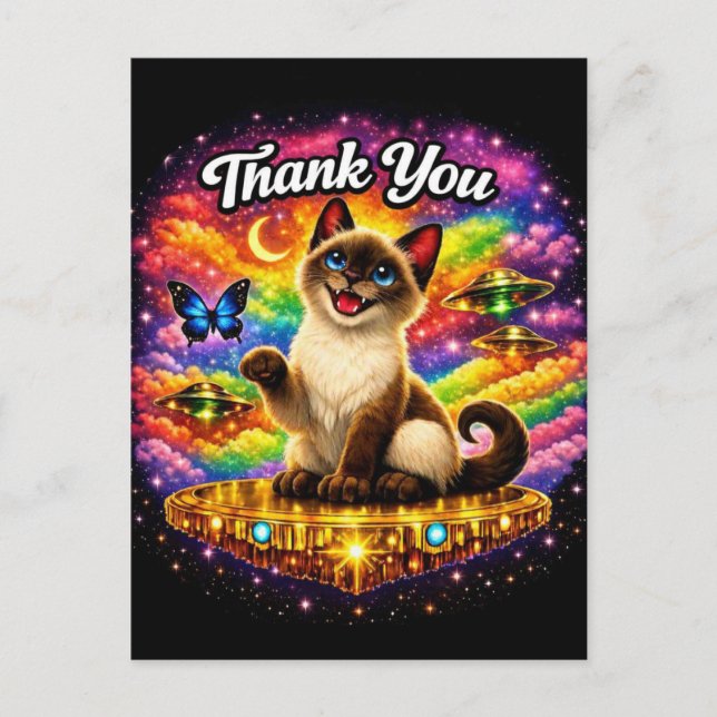 Outer Space Cosmic Rainbow Siamese Cat Thank You Postcard (Front)