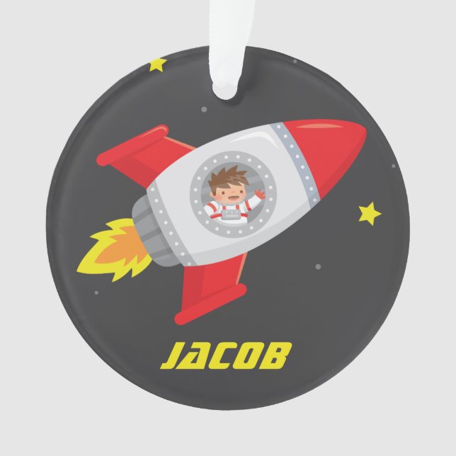 Outer Space Cute Astronaut Boy Rocket Ornament (Front)