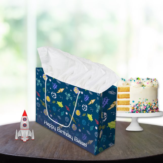Outer Space Doodle Pattern Monogram | Dark Blue Large Gift Bag (Creator Uploaded)