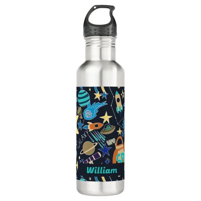Outer Space Doodle Pattern Personalized Name 710 Ml Water Bottle (Front)