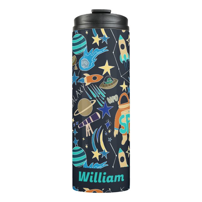 Outer Space Doodle Pattern Personalized Name Thermal Tumbler (Front)