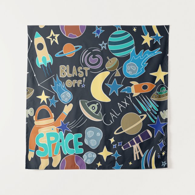 Outer Space Doodle Pattern Tapestry (Front)
