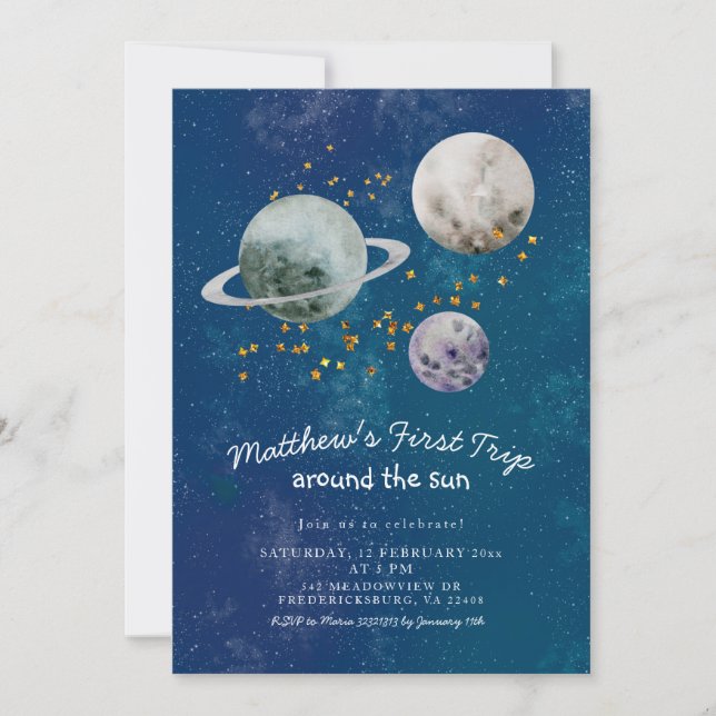 Outer Space First Birthday Birthday Invitation (Front)