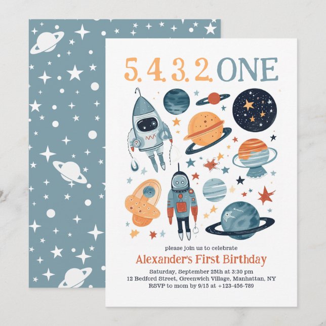 Outer Space First Birthday Countdown Invitation (Front/Back)