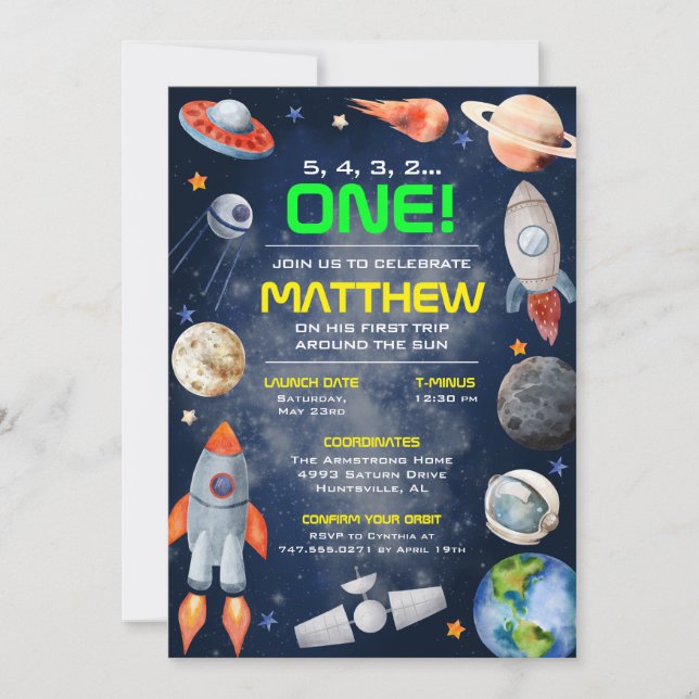 Outer Space First Birthday Invitation (Devant)