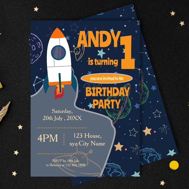 Outer Space First Birthday Party Gender Neutral Invitation (Outer Space First Birthday Party Gender Neutral Invitation)