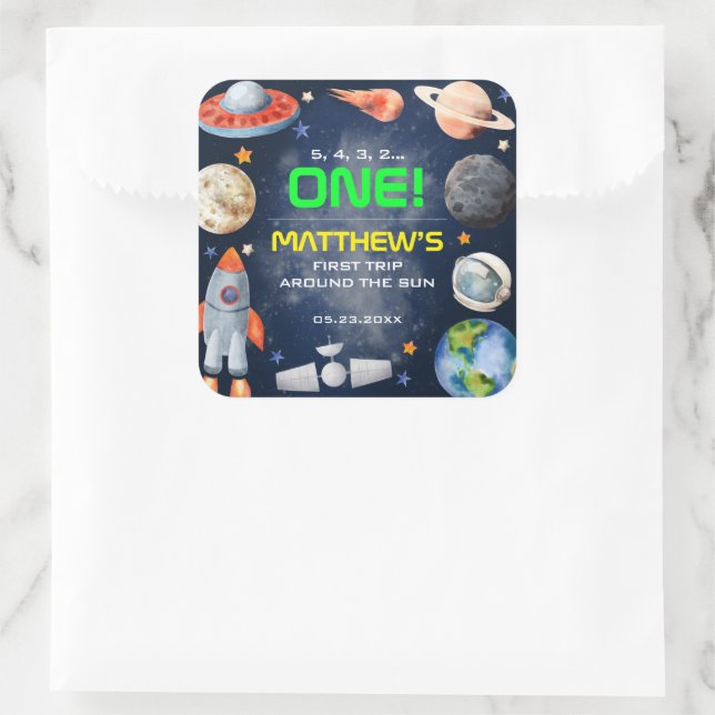Outer Space First Birthday Square Sticker (Bag)