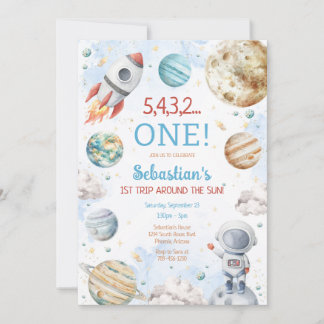 Outer Space First Trip Around The Sun 1st Birthday Invitation
