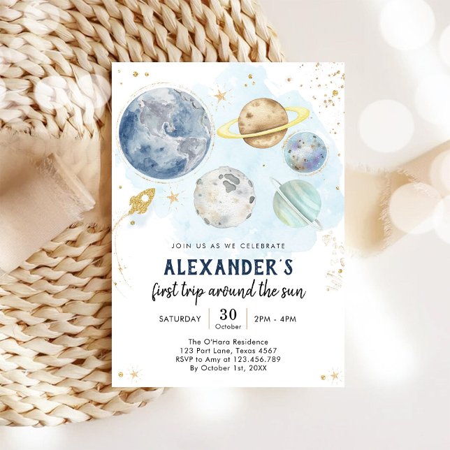 Outer Space First Trip Around the Sun 1st Birthday Invitation (Creator Uploaded)