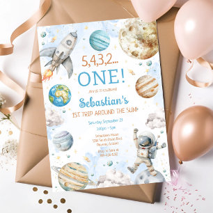 Outer Space First Trip Around The Sun 1st Birthday Invitation