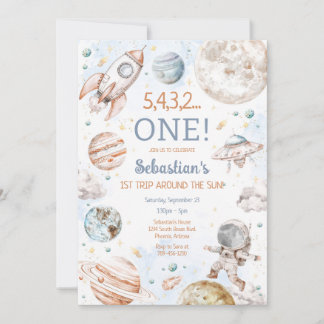 Outer Space First Trip Around The Sun 1st Birthday Invitation