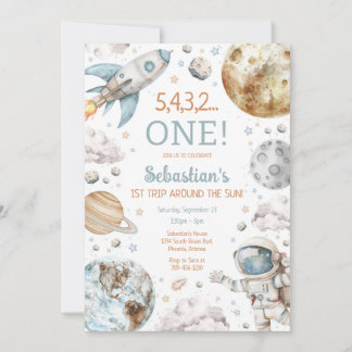 Outer Space First Trip Around The Sun 1st Birthday Invitation