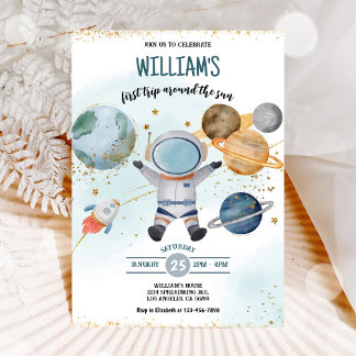 Outer Space First Trip Around the Sun Boy Birthday Invitation