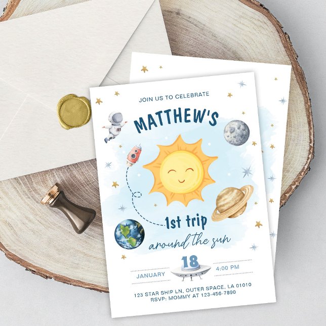Outer Space First Trip Around the Sun Boy Birthday Invitation (Creator Uploaded)