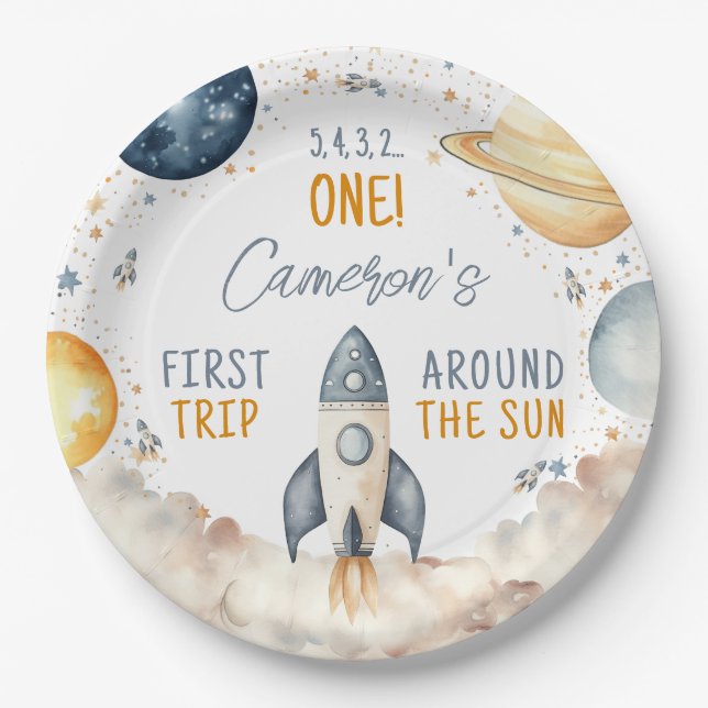 Outer Space First Trip Around The Sun Boy Birthday Paper Plate (Front)