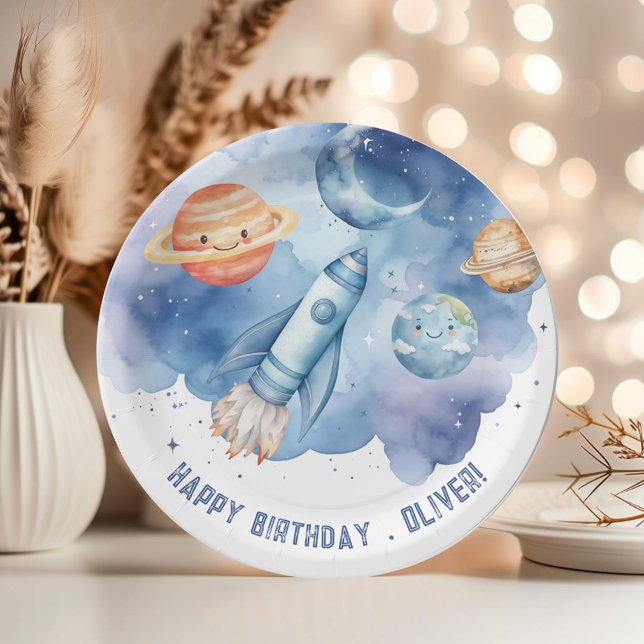 Outer Space First trip around the sun Boy birthday Paper Plate (Creator Uploaded)